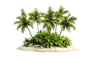 Beautiful small tropical island with coconut or palm plants isolated on transparent background.