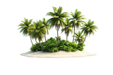 Beautiful small tropical island with coconut plants and white sand isolated on transparent background.