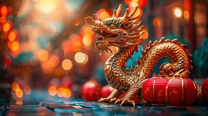 Fototapeta premium golden chinese dragon with red paper lanterns.