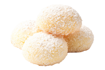 Snowball cookie or lemon almond meringue cookies dusted with powdered sugar isolated on white transparent background.