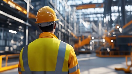 Fototapeta premium A construction worker overseeing the installation of heavy machinery in a new factory.
