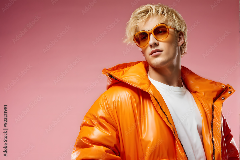 Wall mural A man in an orange jacket and sunglasses stands in front of a pink background