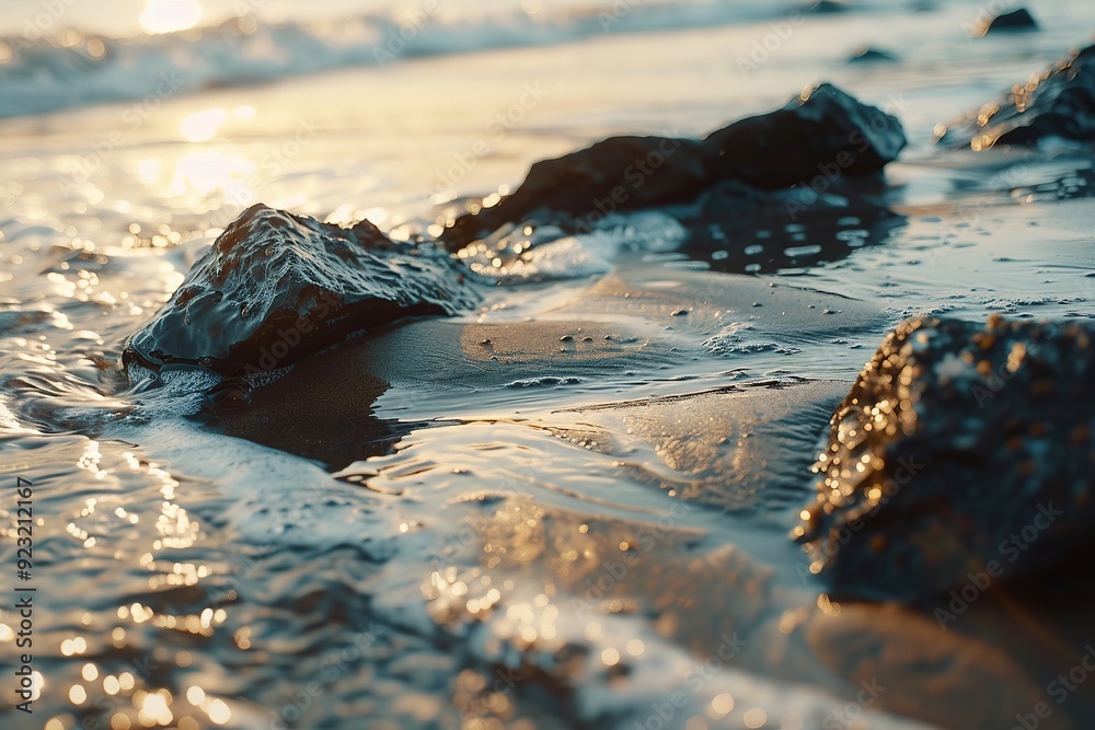 Wall mural a close up of the water on an island beach with rocks, waves and sand