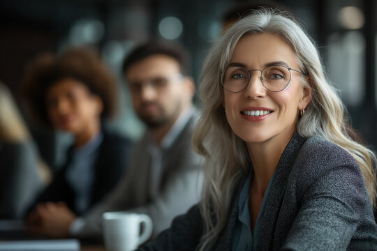Cheerful middle-aged businesswoman executive CEO leader discussing project management and planning strategy with diverse colleagues during a company team meeting,