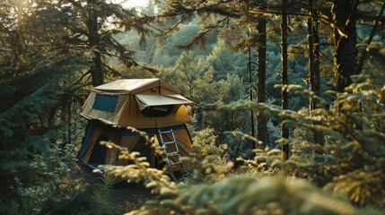 A small yellow tent is set up in the woods