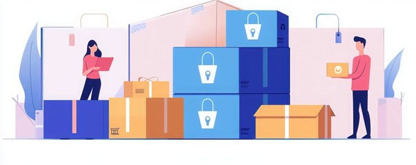 Two individuals manage secured packages in a modern workspace, illustrating storage and logistics concepts.
