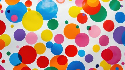 A vibrant arrangement of multicolored dots spread across a white surface creates a lively visual effect