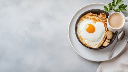 Breakfast skillet transformed into smiling face with coffee and heart-shaped foam.