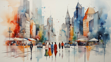 Obraz premium abstract watercolor painting people in the city, art design