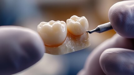 A dental professional meticulously shapes a dental crown for optimal fit and aesthetics in a bright clinic environment