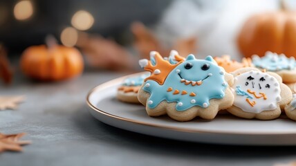 Obraz premium Photorealistic plate of freshly baked monster-themed sugar cookies, with vibrant icing as the centerpiece of a dessert spread.