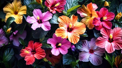 Colorful hibiscus flowers in full bloom create a lively atmosphere, showcasing shades of pink, orange, and red set against lush green leaves