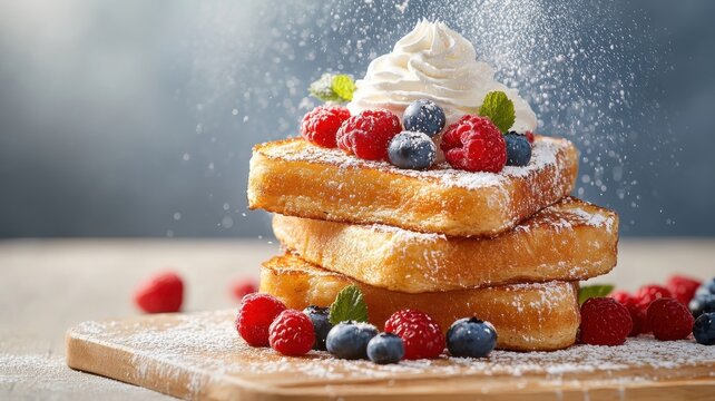 Stack of French toast with whipped cream and berries.