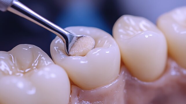 A dental professional applies a filling to a cavity in a patient's tooth, ensuring effective restoration and care