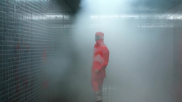 Red gridded figure emerges from mist in tiled corridor. Soft focus enhances dreamlike atmosphere. Mysterious environment evokes intrigue and uncertainty.	