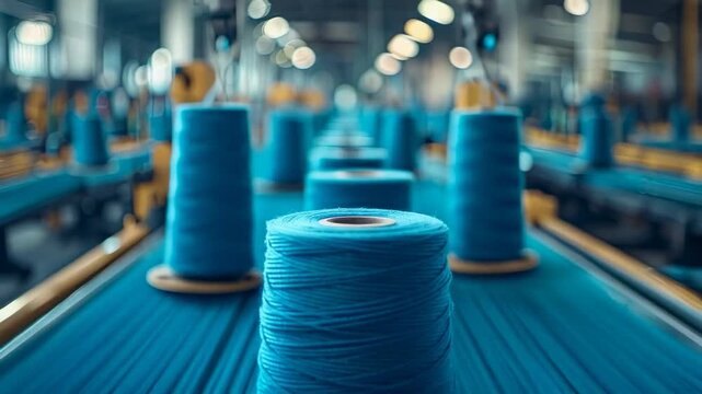 video of Spools of blue textile yarn on an industrial weaving machine