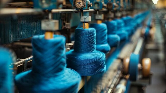 video of Spools of blue textile yarn on an industrial weaving machine