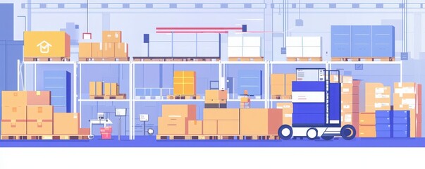 A vibrant warehouse interior showcasing organized shelves filled with boxes, ideal for logistics and supply chain concepts.