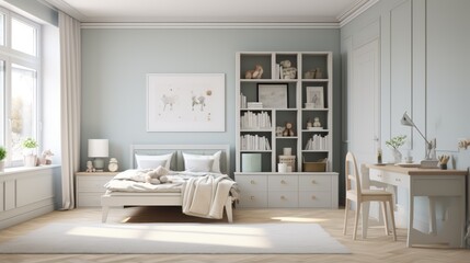 A bedroom with a white bed, a bookshelf, and a desk, decorated in a minimalist style.