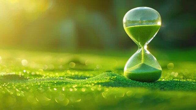 video of Green hourglass with sand in a natural environment, illustrating the concept of time passing