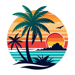 Vibrant Summer Beach Scene Vector with Palm Tree Silhouette, Sun, Waves, Tropical Plants, and Summer Activities - SVG, Cricut, Clipart, Vector Graphics