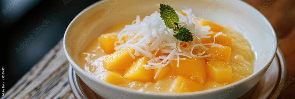 Poster refreshing mango sago dessert with cendol and coconut cream in a white bowl, a sweet vegan treat