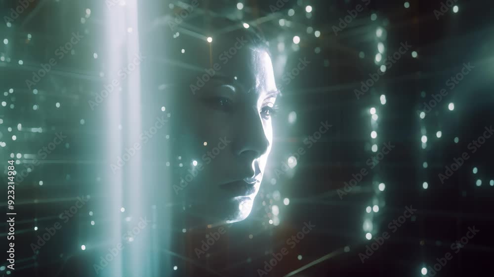 Poster a womans face enclosed by a pattern of blue lines on a digital interface, visualization of a digital