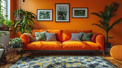 living room interior design with autumn fall decor,picture frame mockup thanksgiving halloween holiday poster concept.