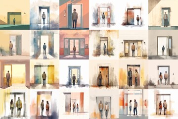 Multiple Illustrations of People Standing in Doorways - Artistic Concept Illustrations