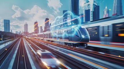 Naklejka premium A train is shown with a cloud on it, and it is traveling down a track