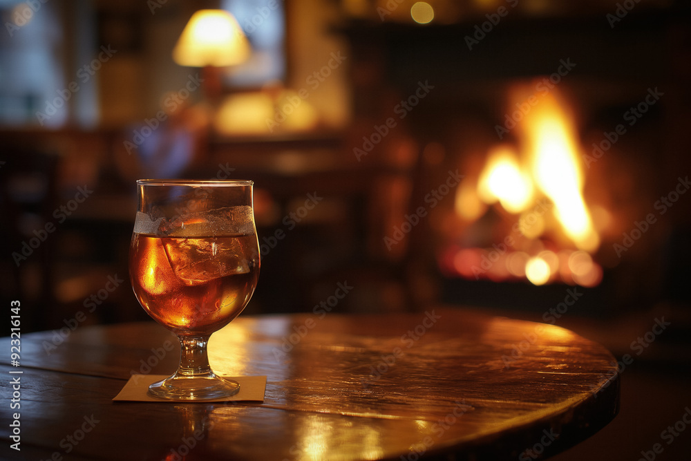 Sticker Fireplace with the table with glass of drink on it behind