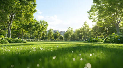 Fototapeta premium A serene city park in the morning light, fully rendered in 3D, with clear open spaces and a quiet atmosphere, perfect for overlaying text or visual elements for marketing materials.
