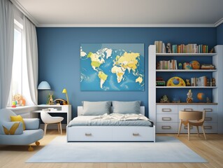 A light blue and white bedroom with a world map print, a bed, and a bookshelf full of books and toys.