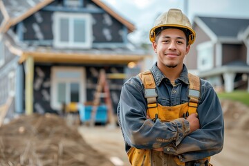 Fototapeta premium A construction worker in a yellow hard hat and overalls, with arms crossed, stands on a construction site with a house in the background.