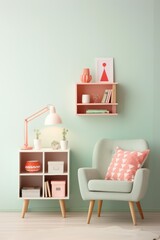A light green living room with a pink armchair, a pink shelf, a white side table with books, and an orange vase.