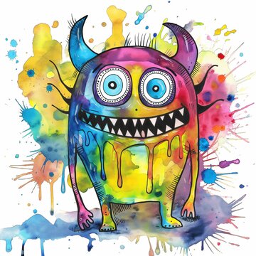 Fummy Monsters , Neon Watercolor Illustration