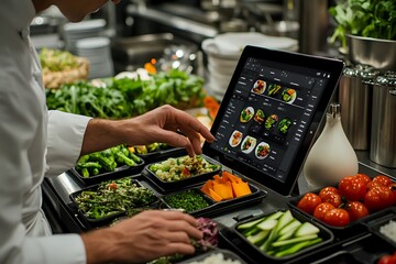 Chef Selects Dishes from Digital Menu on Tablet for Restaurant Customers, Fresh Vegetables and Sides Ready in Serving Dishes