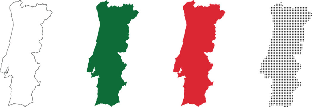 Portugal map in various style outline, green, red, dotted style
