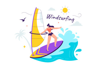 Vector Illustration of Windsurfing with a Person Standing on a Sailing Boat, Holding the Sail, in an Extreme Water Sport in Flat Cartoon Background