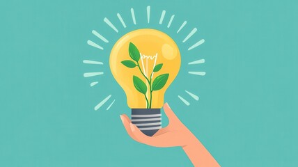 A hand holding a light bulb with a sprouting plant, symbolizing innovation and sustainability in eco-friendly concepts.