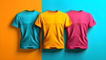 Colorful t-shirts on colorful background. t-shirt mock ups with five different colours.3D illustration