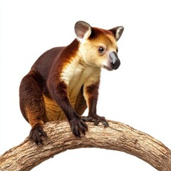 Tree kangaroo perched on a branch against a white background