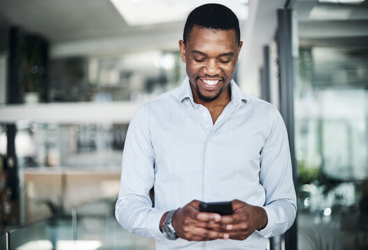 Black man, phone and happy in office for communication, investment and business email with coffee. Human resources, technology and smile for recruitment, social networking and talent acquisition