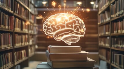glowing brain with book at the library