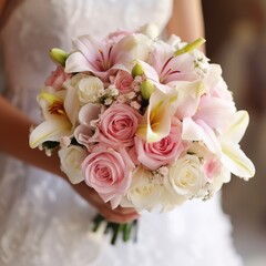 Obraz premium Bride Holding Elegant Wedding Bouquet with Pink and White Roses and Lilies