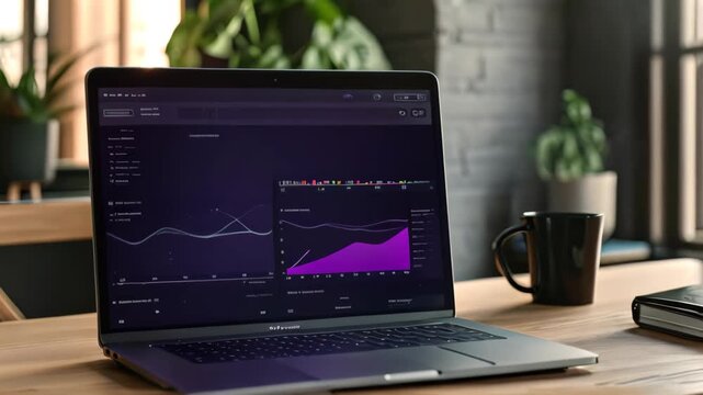 A laptop computer positioned on top of a wooden table, Visualize the performance of sales revenue over the past year