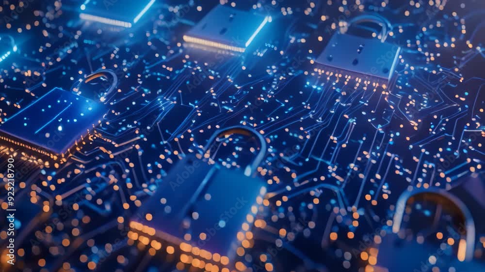 Poster computer circuit with padlocks: data security concept, visualize the potential risks of neglecting d