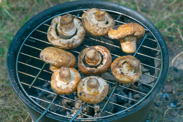 Champignons are fried on a small camping grill.