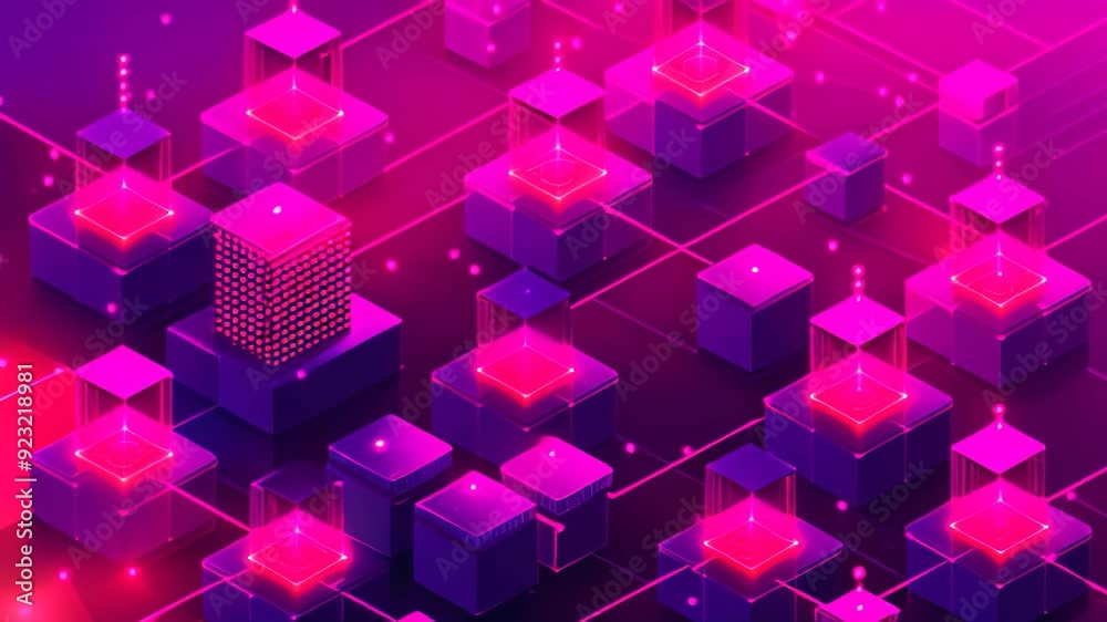 Poster purple and pink abstract background featuring geometric shapes of squares and cubes, visualize the p