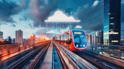 Fototapeta premium A red train is traveling down a track with a cloud in the background